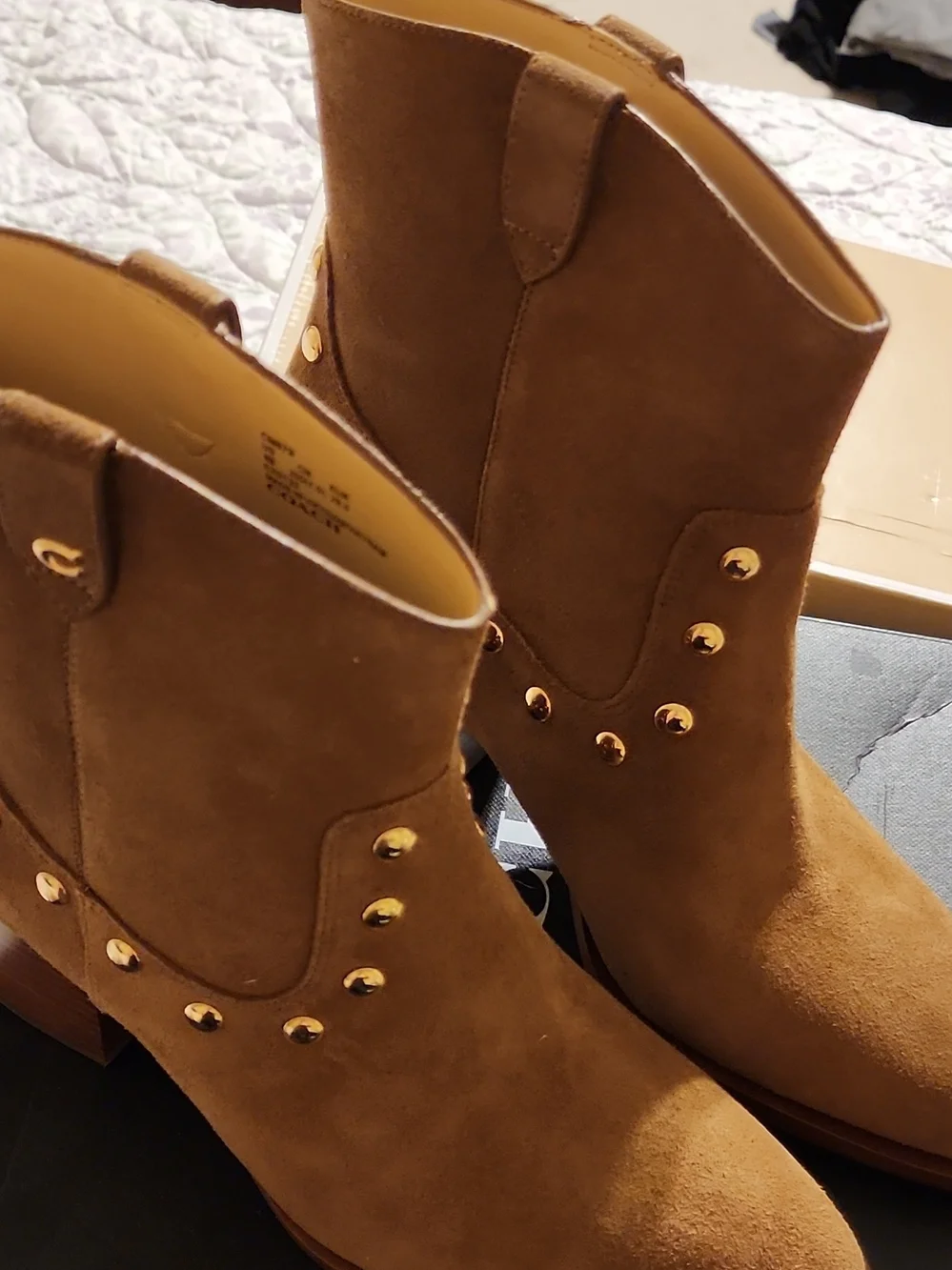 Coach Brown Suede Gold-Stud Ankle Booties